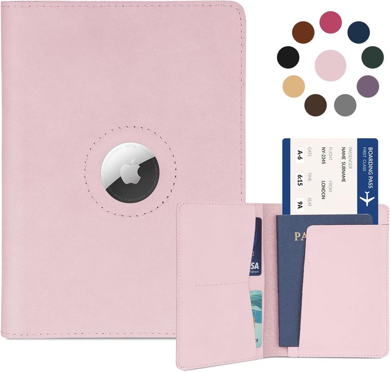 Kicoroiny Airtag Passport Holder for Women Men Travel, Real Leather Passport Wallet, Handmade Passport Cover Case with Airtag Slot, Travel Must Haves Essentials Accessories Birthday Gift(Crazy Horse,Light Pink) - Image 1